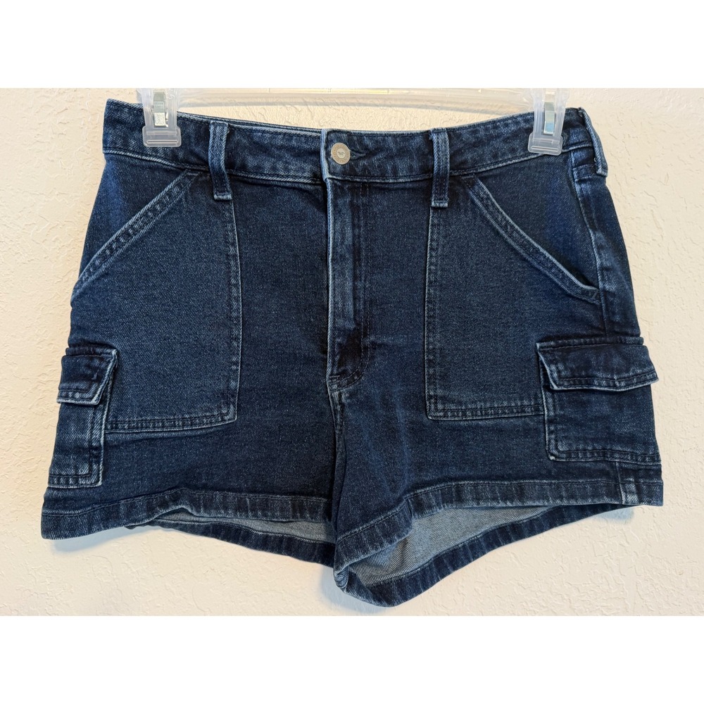 Hollister Ultra High-Rise Mom Shorts Dark Wash Cargo Denim Size 11 W30 3" Inseam